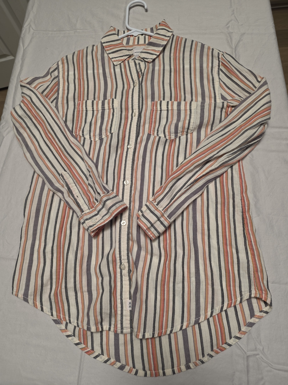100% Cotton Striped Button-Up Longline Shirt - White with Orange & Grey Stripes